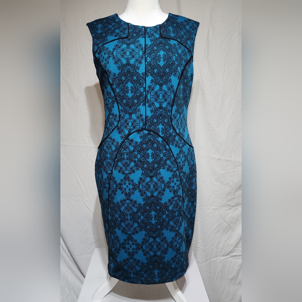 Blue Sleeveless Bodycon Knee-length Dress With Black Lace Print From Worthington
